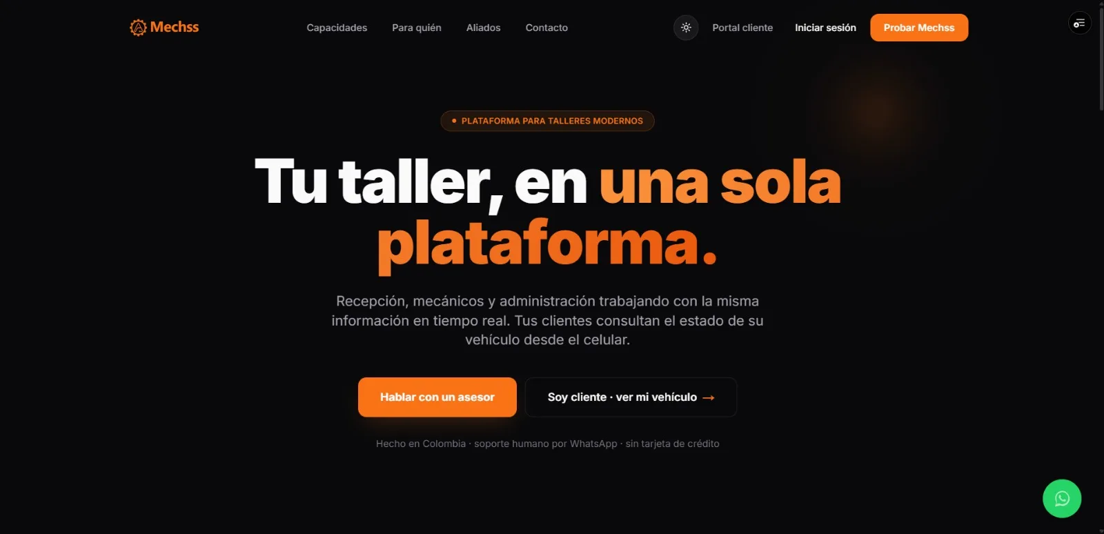 Portada de Mechss sobre fondo oscuro: titular «Tu taller, en una sola plataforma», con accesos para asesores y para clientes.