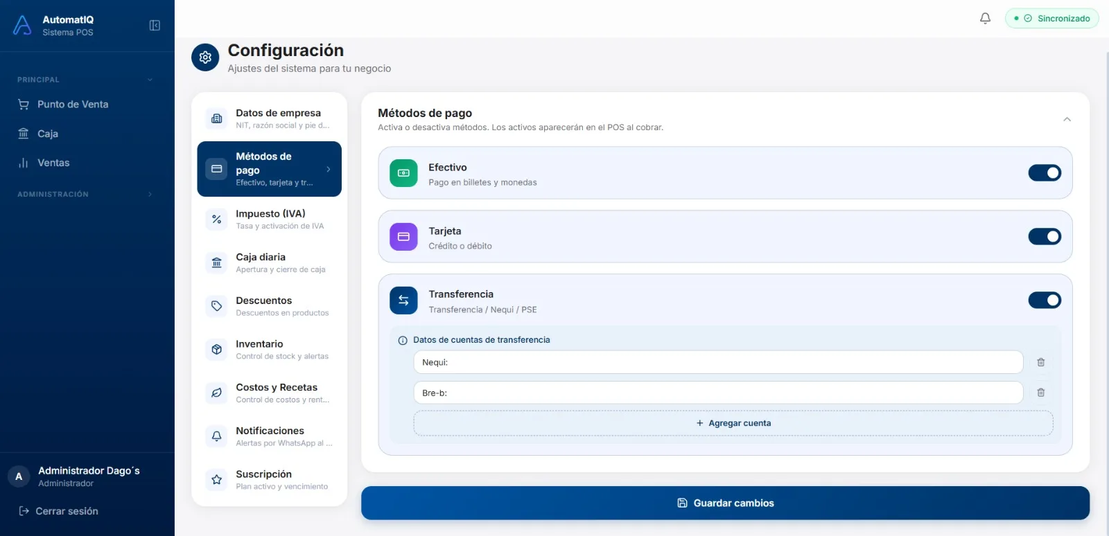 Panel de AutomatIQ POS en la pantalla de configuración, con los métodos de pago —efectivo, tarjeta y transferencia— y sus datos de cuenta.