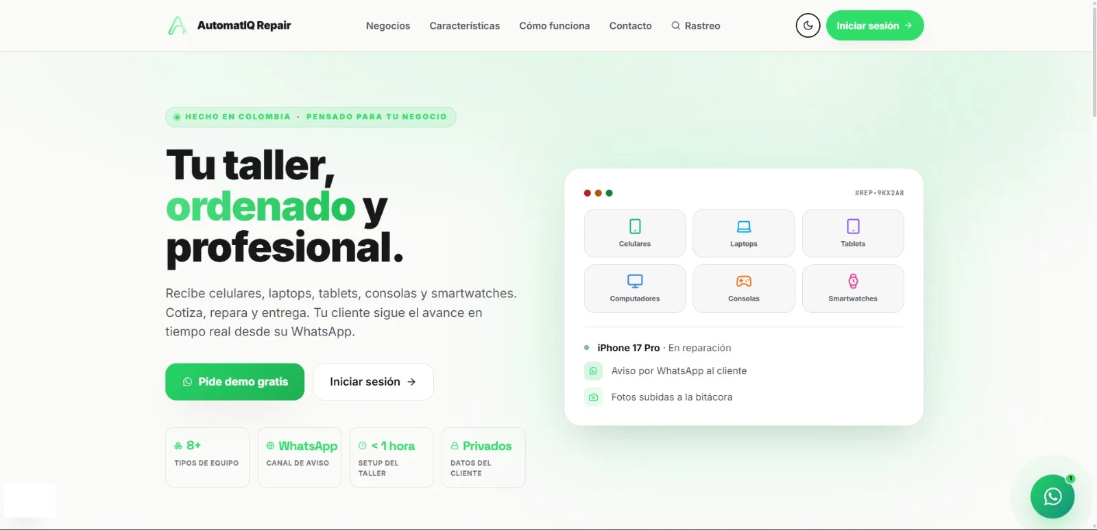 Portada de AutomatIQ Repair: titular «Tu taller, ordenado y profesional» junto a una maqueta con los tipos de equipo que recibe el taller.